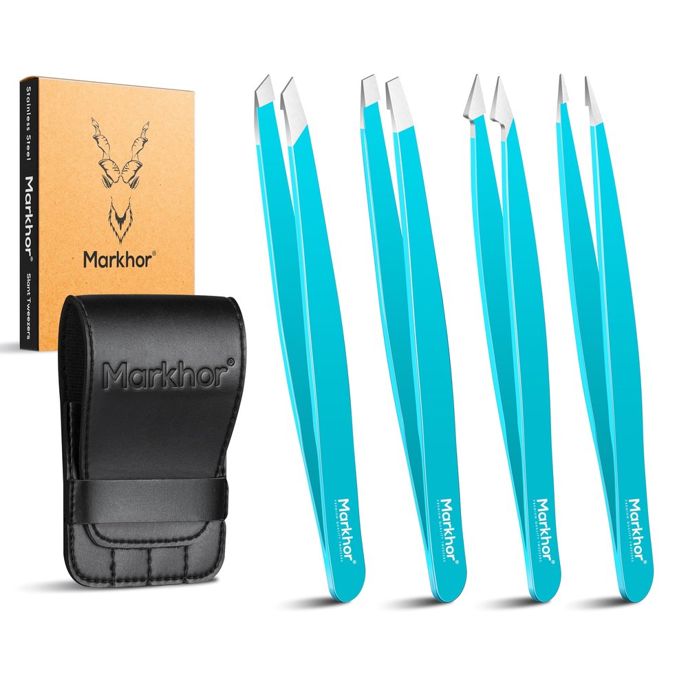 MARKHOR Crystal Cyan Eyebrow Tweezers for Women Facial Hair, Splinter and Ingrown Hair Removal Tweezers Set, Professional Pointed and Slant Tweezers for Eyebrows, Precision Tweezers for Eyebrows