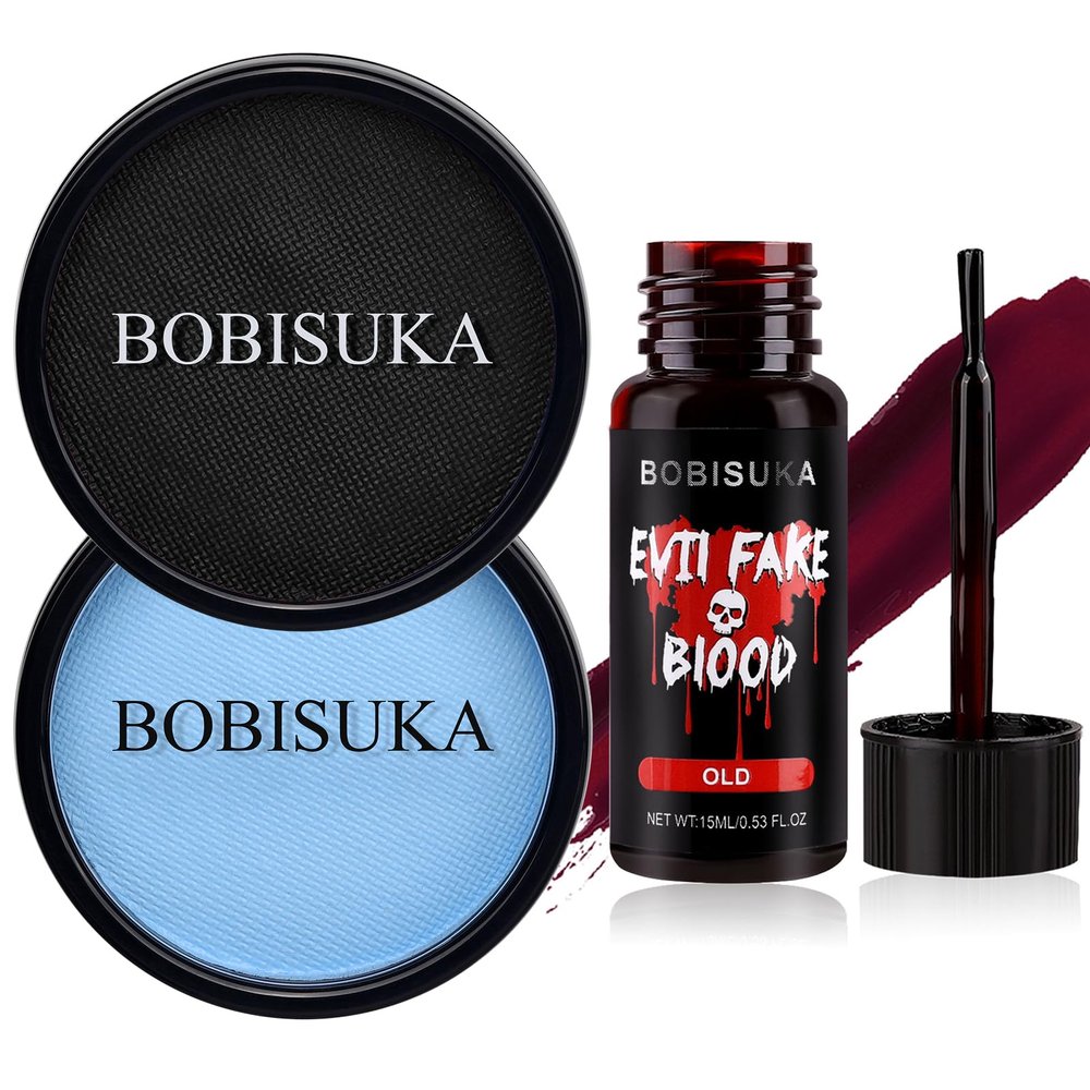 BOBISUKA Stage Blood(Old) + Black & Sally Blue Face Paint Makeup Kit for Halloween SFX Makeup, Cosplay, Parties, Theater & Stage