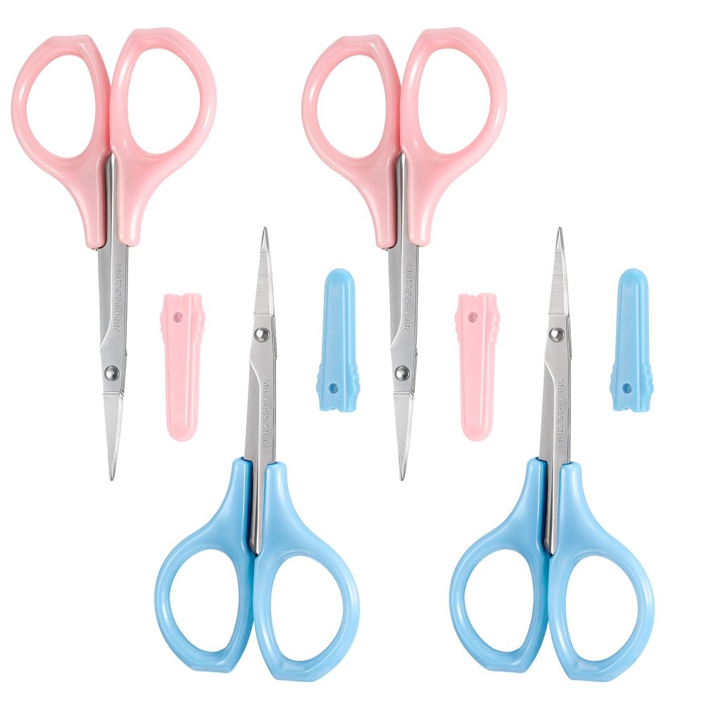 4 Pcs Small Eyebrow Grooming Scissor Lash Scissors Eyebrow Clippers Curved Straight Trimmer Scissor Eyelash Scissors for False Eyelashes with Protective Cover for Facial Nose Hair Women Pink Blue