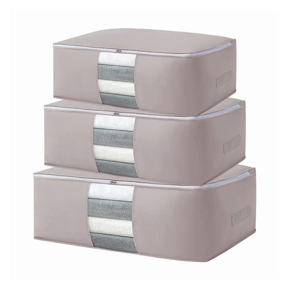 3PCS Non Woven Quilt Clothes Storage Bag Foldable Duvet Clothes Organizer Large Capacity Closet Wardrobe(Gray-L)
