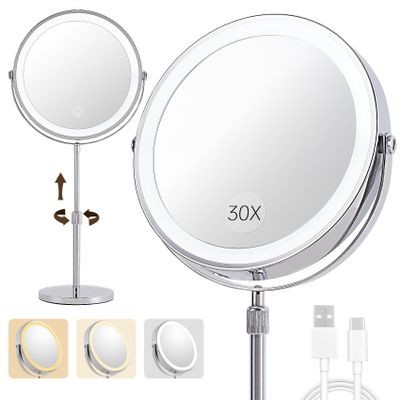 1X/30X Magnifying Makeup Mirror with Lights - 9" Large Dual-Sided Vanity Mirror with 3 Color Lights for Women's Travel Cosmetic Mirror | 3000 mAh-USB Rechargeable | 360 Rotation | Adjustable Height