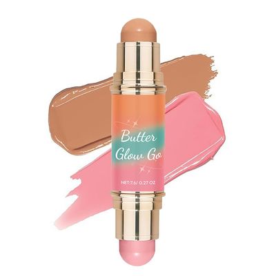 Dual-Ended Blush & Bronzer Stick 2-in-1 Creamy Contour & Cheek Tint, Hydrating Vegan Multi-Use Makeup for Natural Radiant Finish, Cruelty-Free (Beachy Pink)