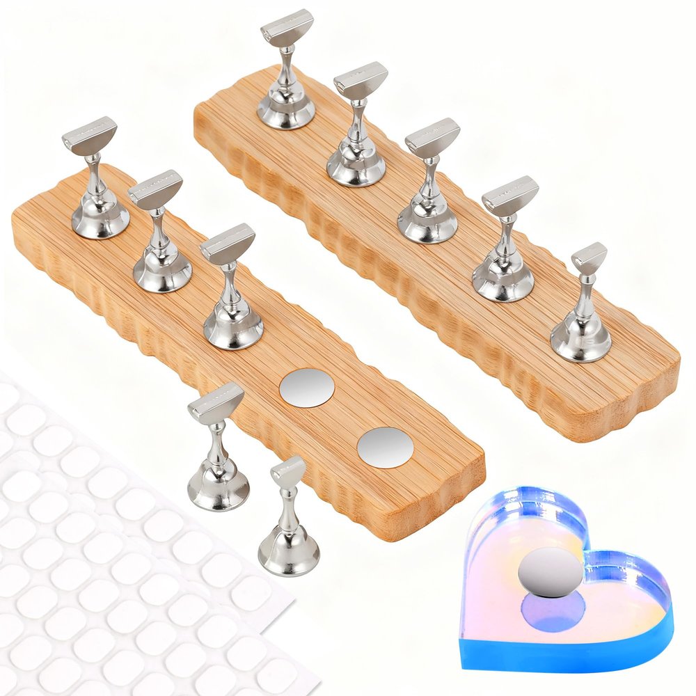 Nail Stand for Press Ons, Nail Holder for Painting Nails, Press on Nail Holder and Double-sided Tape, 1 Heart Acrylic Magnetic Fake Nail Stands for Nail Art DIY Display Home Salon Supplies(Silver)