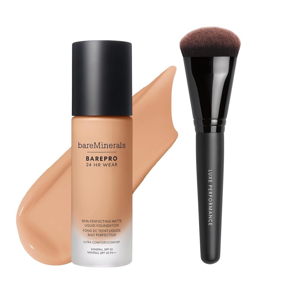 bareMinerals Barepro 24HR Wear Matte Liquid Foundation with Mineral SPF 20 + Luxe Performance Brush Bundle