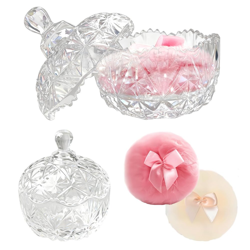 3pcs Large Body Powder Puff and Container, 2PCS Soft Washable Reusable Powder Puff and Clear Glass Powder Container, Large Dusting Powder for Women Face Body Puff
