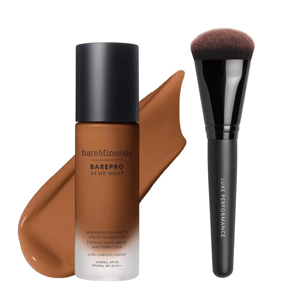 bareMinerals Barepro 24HR Wear Matte Liquid Foundation with Mineral SPF 20 + Luxe Performance Brush Bundle