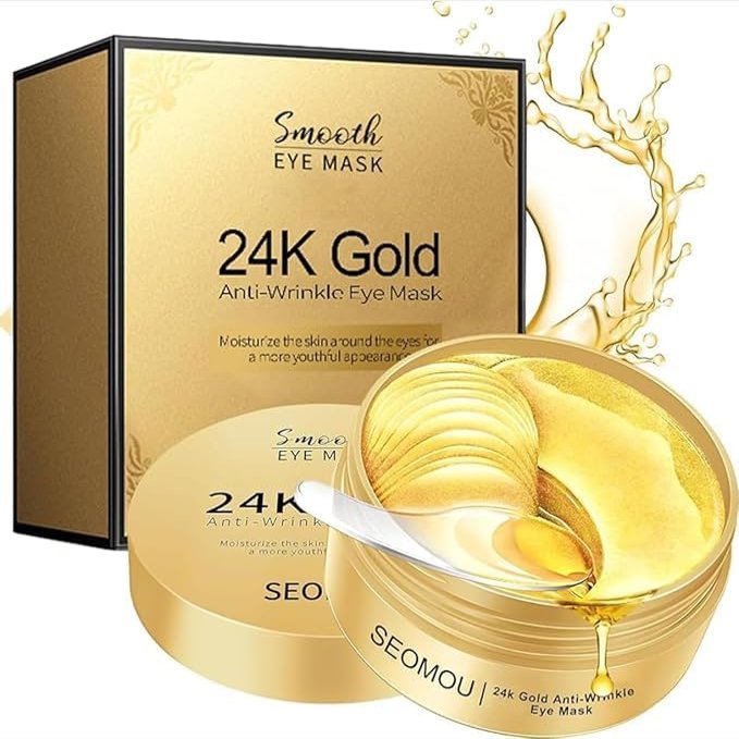 24K Gold Anti-Wrinkle Eye Mask, Collagen Under Eye Patches for Dark Circles, Puffy Eyes, Fine Lines, 60 Pieces, Natural Plant Extract, Gel Form