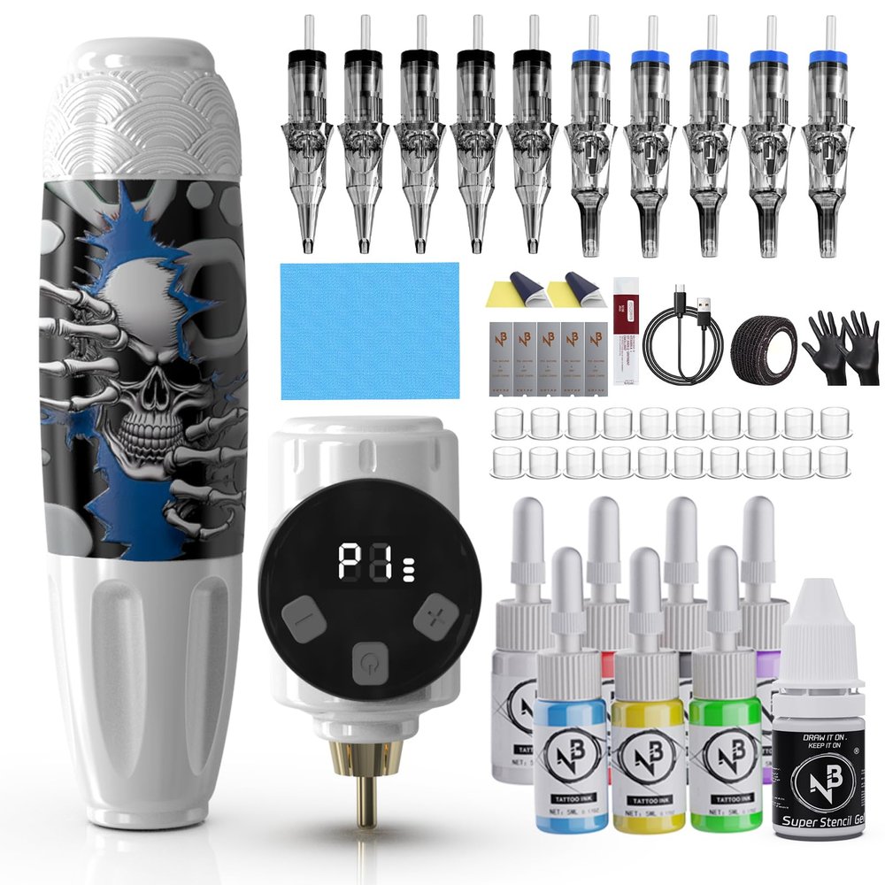 Tattoo Kit Wireless Tattoo Machine Kit with Tattoo Pen Kit 4 Working Modes Power Supply and Tattoo Cartridge Needles, Tattoo Supplies for Beginners (White-blue)