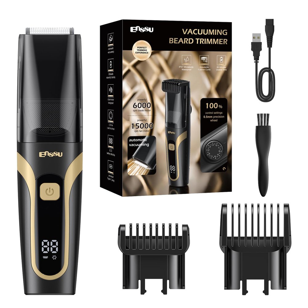 Beard Trimmer for men, Vacuum Mustache Trimmer with Type-C Charging, IPX7 Waterproof Electric Shaver Body Hair Trimmer for Men with LCD Display, Length Adjustable Blade Wheel (1/25"-4/5") (Black)