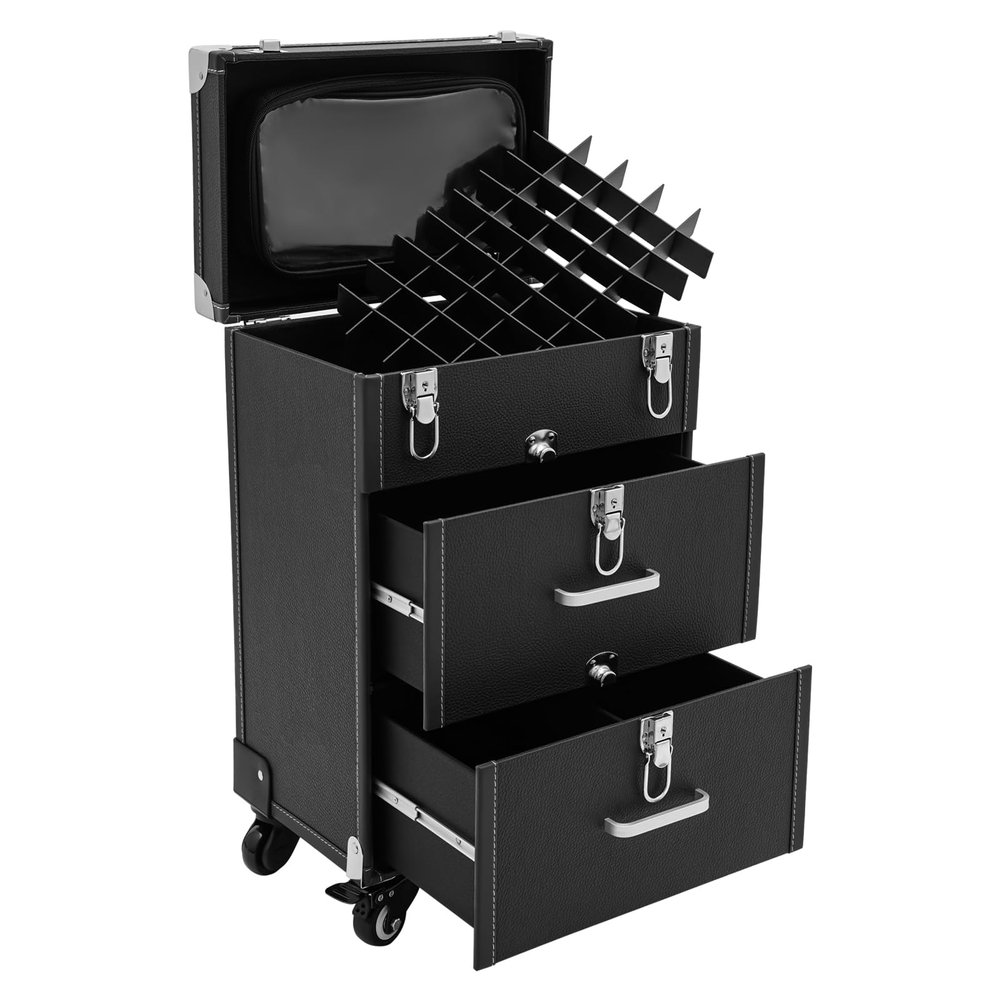 ALUIWNH Rolling Makeup Train Case - Large Portable Cosmetic Organizer Trolley with Lockable Drawers, Wheels and Telescopic Handle for Makeup Artists Hairstylists Travel
