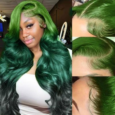13x4 Ombre Green Lace Front Wig Human Hair Body Wave Glueless HD Lace Front Wigs 3 Tone Light Green to Dark Green Colored for Fashion Women 180% Density 32 Inch