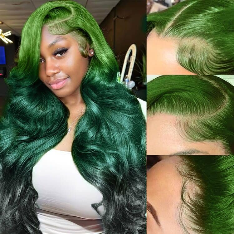13x4 Ombre Green Lace Front Wig Human Hair Body Wave Glueless HD Lace Front Wigs 3 Tone Light Green to Dark Green Colored for Fashion Women 180% Density 32 Inch