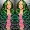 13x4 Ombre Green Lace Front Wig Human Hair Body Wave Glueless HD Lace Front Wigs 3 Tone Light Green to Dark Green Colored for Fashion Women 180% Density 32 Inch view 3