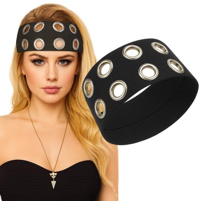 1 Pack Grommet Headband, Y2K Punk Grunge Fashion Headband with Holes, Eyelet Design Stretchy Elastic Hair Band for Women, Girls, Daily Styling, Sports, Parties, Photography