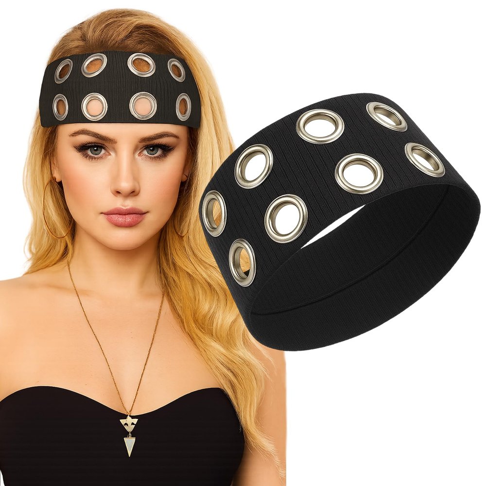 1 Pack Grommet Headband, Y2K Punk Grunge Fashion Headband with Holes, Eyelet Design Stretchy Elastic Hair Band for Women, Girls, Daily Styling, Sports, Parties, Photography