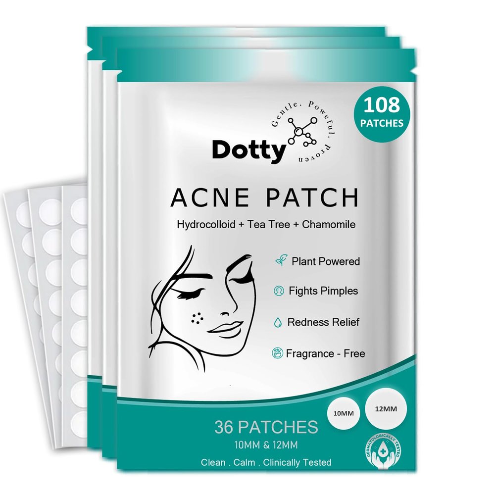 DOTTY Tea Tree & Chamomile Pimple Patches, Miracle Invisible Hydrocolloid Spot Cover (108 Count, 3-Pack) - Fast Acne Solution for Breakouts Absorbs Zits & Blemish, Skin Care.
