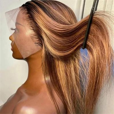 Highlight Straight Lace Front Wig Human Hair Full Lace Wig Honey Blonde Colored Wig For Women Pre-Plucked