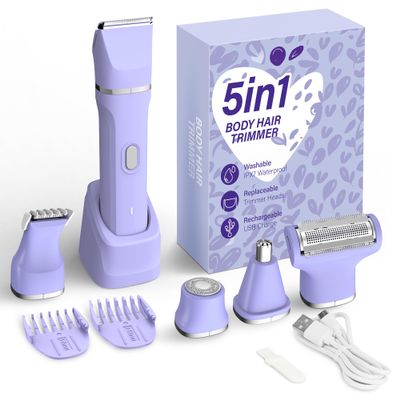 KINGTEE 5-in-1 Electric Bikini Trimmer for Women  IPX7 Waterproof Shaver, Cordless Body & Facial Razors for Women, Ceramic Blades, USB-C Rechargeable, Painless Hair Removal Kit (Purple)