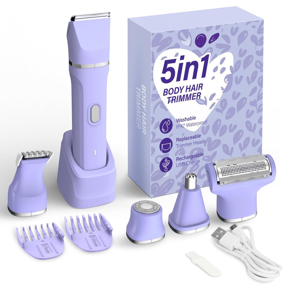 KINGTEE 5-in-1 Electric Bikini Trimmer for Women  IPX7 Waterproof Shaver, Cordless Body & Facial Razors for Women, Ceramic Blades, USB-C Rechargeable, Painless Hair Removal Kit (Purple)