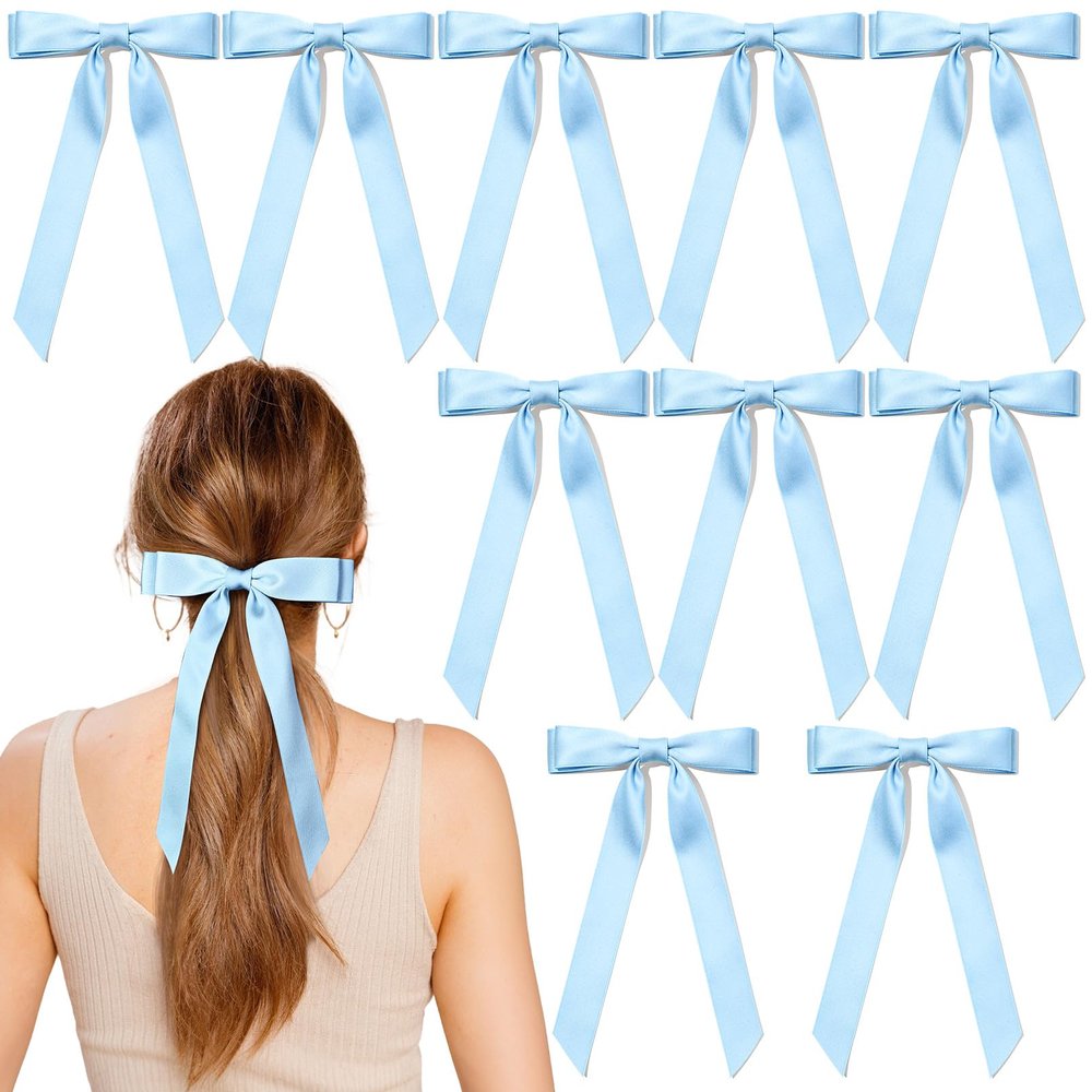 10PCS Silky Satin Hair Bows Blue Hair Clip Ribbon Accessories Ponytail Holder Slides Metal Clips French Barrette Hair Bow for Women Girls Toddlers Teens Kids