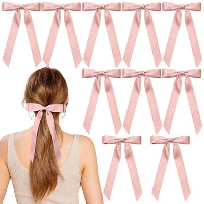 10PCS Silky Satin Hair Bows Pink Hair Clip Ribbon Accessories Ponytail Holder Slides Metal Clips French Barrette Hair Bow for Women Girls Toddlers Teens Kids