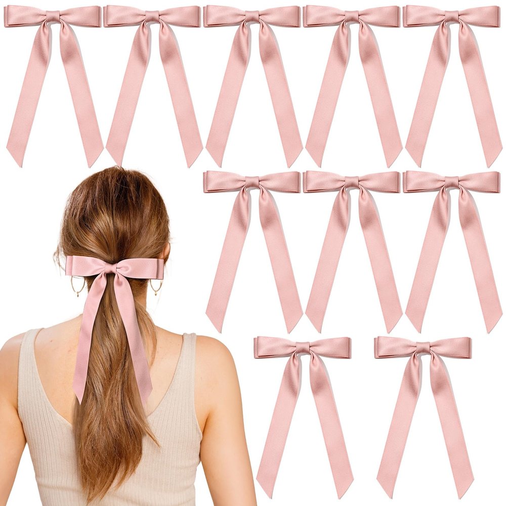 10PCS Silky Satin Hair Bows Pink Hair Clip Ribbon Accessories Ponytail Holder Slides Metal Clips French Barrette Hair Bow for Women Girls Toddlers Teens Kids