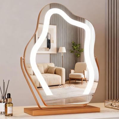17 Vanity Mirror with Lights Tabletop Cloud Shaped , Smart Touch, 3-Color Dim Lighting, 360 Rotation, Memory, Metal Frame, Plug-in AC Power, Makeup Mirror Gift for Women Teen Girls Champagne Gold
