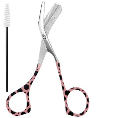Eyebrow Scissors with Comb Stainless Steel Eyebrow Trimmer Scissors Eyebrow Trimming Kit For Men Women, Precision Grooming Kit (Polka dot powder + brush)