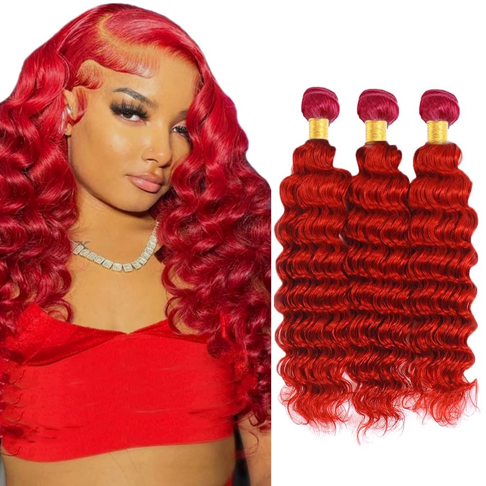 Red Bundles Deep Wave Bundles Human Hair 12 12 12 Inch Unprocessed Brazilian Virgin Hair Weave 3 Bundle Red Deep Wave Human Hair Extensions 50 Grams Per Bundle