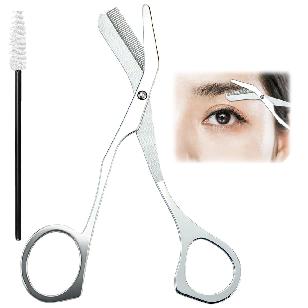 Eyebrow Scissors with Comb Stainless Steel Eyebrow Trimmer Scissors Eyebrow Trimming Kit For Men Women, Precision Grooming Kit (Silver eyebrow scissors + brush)