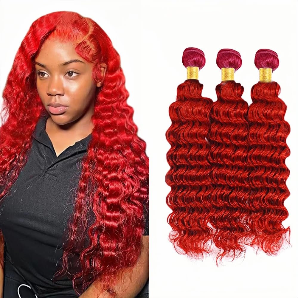 Red Bundles Deep Wave Bundles Human Hair 28 28 28 Inch Unprocessed Brazilian Virgin Hair Weave 3 Bundle Red Deep Wave Human Hair Extensions 50 Grams Per Bundle