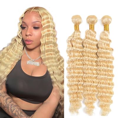 12 14 16 Inch #613 Blonde Bundles Human Hair Deep Wave Bundle #613 Honey Blonde 3 Bundles 300g/Pack Unprocessed Brazilian Virgin Hairs Double Weft Weaves Hair Extensions