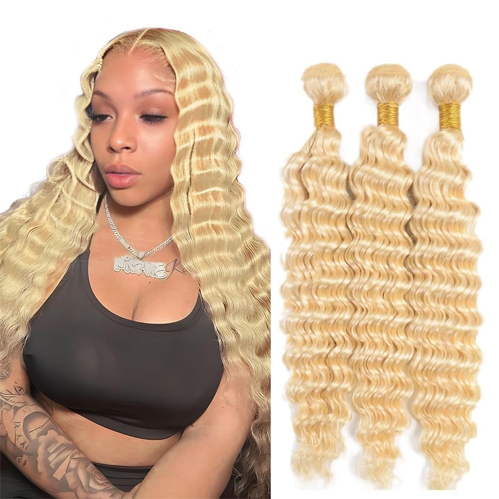 12 14 16 Inch #613 Blonde Bundles Human Hair Deep Wave Bundle #613 Honey Blonde 3 Bundles 300g/Pack Unprocessed Brazilian Virgin Hairs Double Weft Weaves Hair Extensions