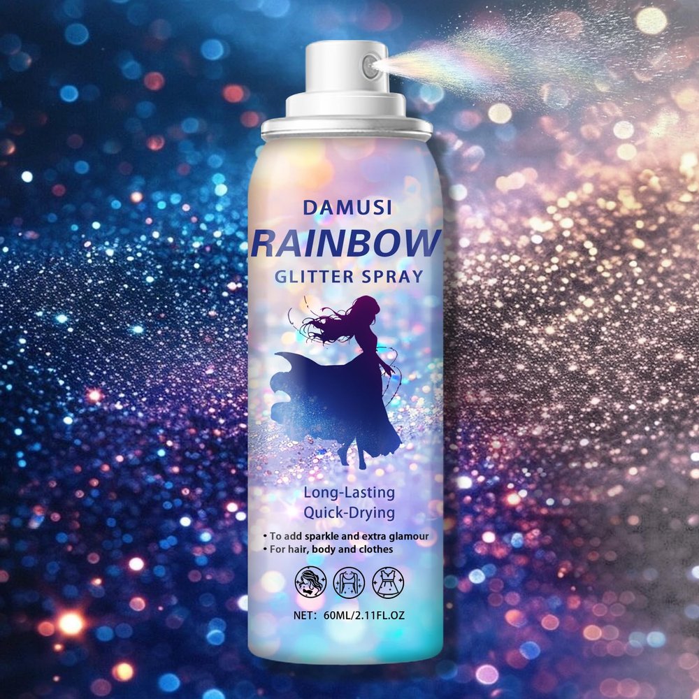 DAMUSI Silver Body Glitter Spray, Shiny Hair and Body Glitter Spray for Clothes, Holographic Glitter Hairspray Quick-Drying Long-Lasting Shimmer Highlighter Powder for Festival Concert Party Rave Prom