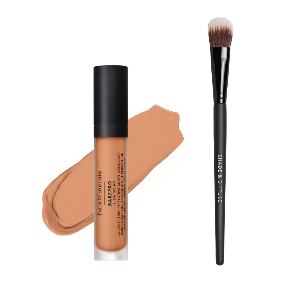 bareMinerals BarePro 16HR All Over Skin-Perfecting Natural Matte Concealer Mineral SPF 25 with Niacinamide + Shade & Diffuse Concealer Brush Bundle