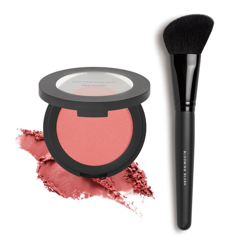 bareMinerals Gen Nude Powder Blush, Mineral-Based Pressed Powder + Blooming Makeup Blush Brush Bundle