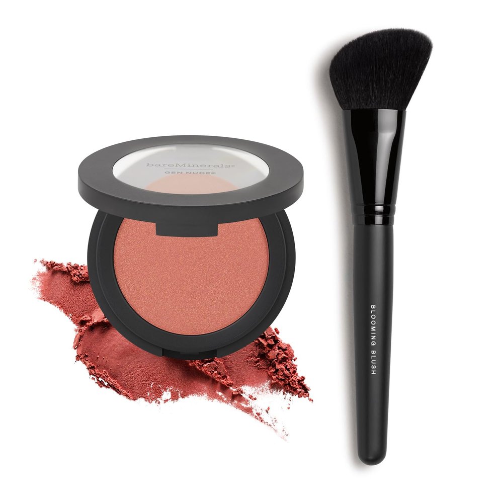 bareMinerals Gen Nude Powder Blush, Mineral-Based Pressed Powder + Blooming Makeup Blush Brush Bundle