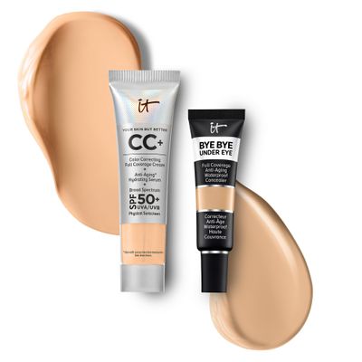 IT Cosmetics Travel CC+ Cream with SPF 50+ Natural Finish Full Coverage Foundation (Light Medium Warm - 0.4 fl oz) & Bye Bye Undereye Concealer Anti-Aging Makeup (21.5 Medium Nude- 0.4 fl oz)