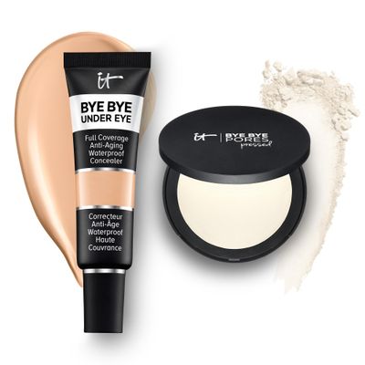 IT Cosmetics Bye Bye Undereye Full Coverage Eye Concealer (14.5 Light Buff - 0.4 fl oz) for Brightening & Color-Correcting & Bye Bye Pores Pressed Powder (Translucent) for Setting Face Makeup