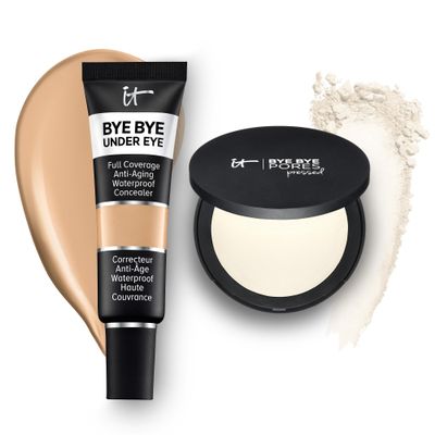 IT Cosmetics Bye Bye Undereye Full Coverage Eye Concealer (21.5 Medium Nude - 0.4 fl oz) for Brightening & Color-Correcting & Bye Bye Pores Pressed Powder (Translucent) for Setting Face Makeup