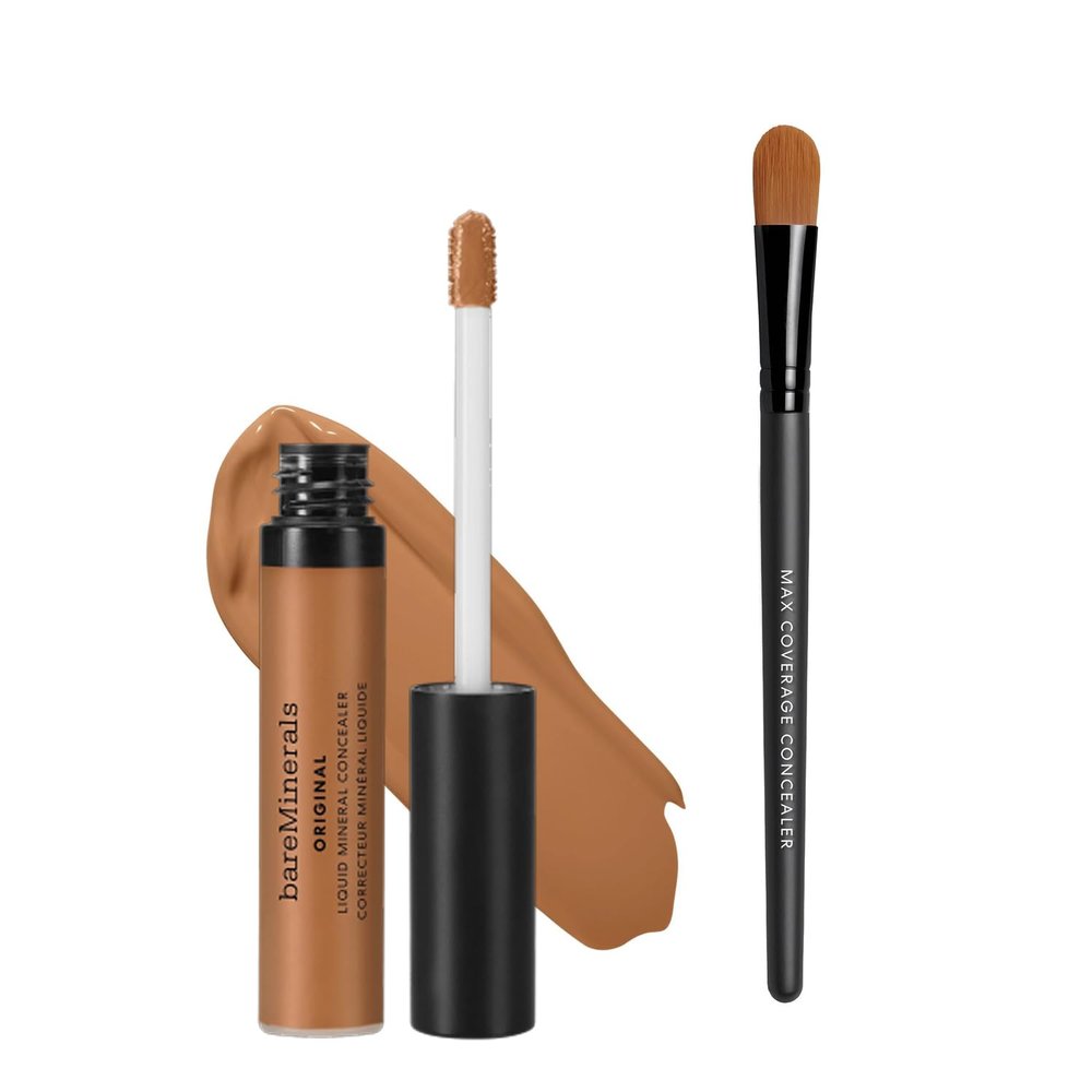 bareMinerals Original Liquid Mineral Concealer, Brightening Dark Circle + Maximum Coverage Flat Concealer Brush Bundle