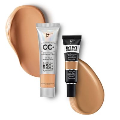 IT Cosmetics Travel CC+ Cream with SPF 50+ Natural Finish Full Coverage Foundation (Neutral Tan - 0.4 fl oz) & Bye Bye Undereye Concealer Anti-Aging Makeup (33.5 Tan Natural - 0.4 fl oz)