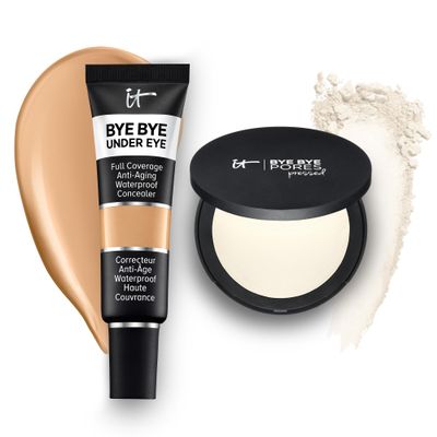 IT Cosmetics Bye Bye Undereye Full Coverage Eye Concealer (21.0 Medium Tan - 0.4 fl oz) for Brightening & Color-Correcting & Bye Bye Pores Pressed Powder (Translucent) for Setting Face Makeup