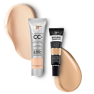 IT Cosmetics Travel CC+ Cream with SPF 50+ Natural Finish Full Coverage Foundation (Light - 0.4 fl oz) & Bye Bye Undereye Concealer Anti-Aging Makeup (21.5 Medium Nude - 0.4 fl oz)