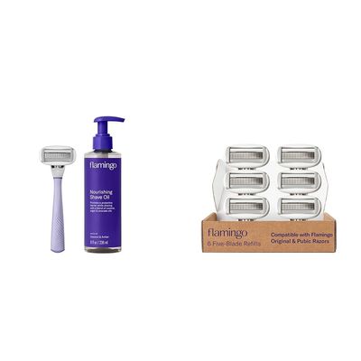 Flamingo Razor Shaving Set for Women - 1 Razor Handle (Lilac), 7 Razor Blade Refills, 8 Fl. Oz Nourishing Shave Oil