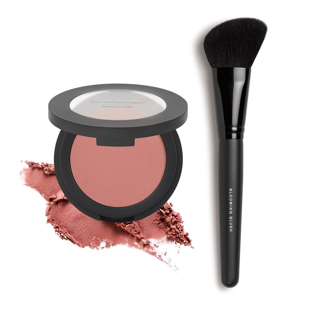 bareMinerals Gen Nude Powder Blush, Mineral-Based Pressed Powder + Blooming Makeup Blush Brush Bundle