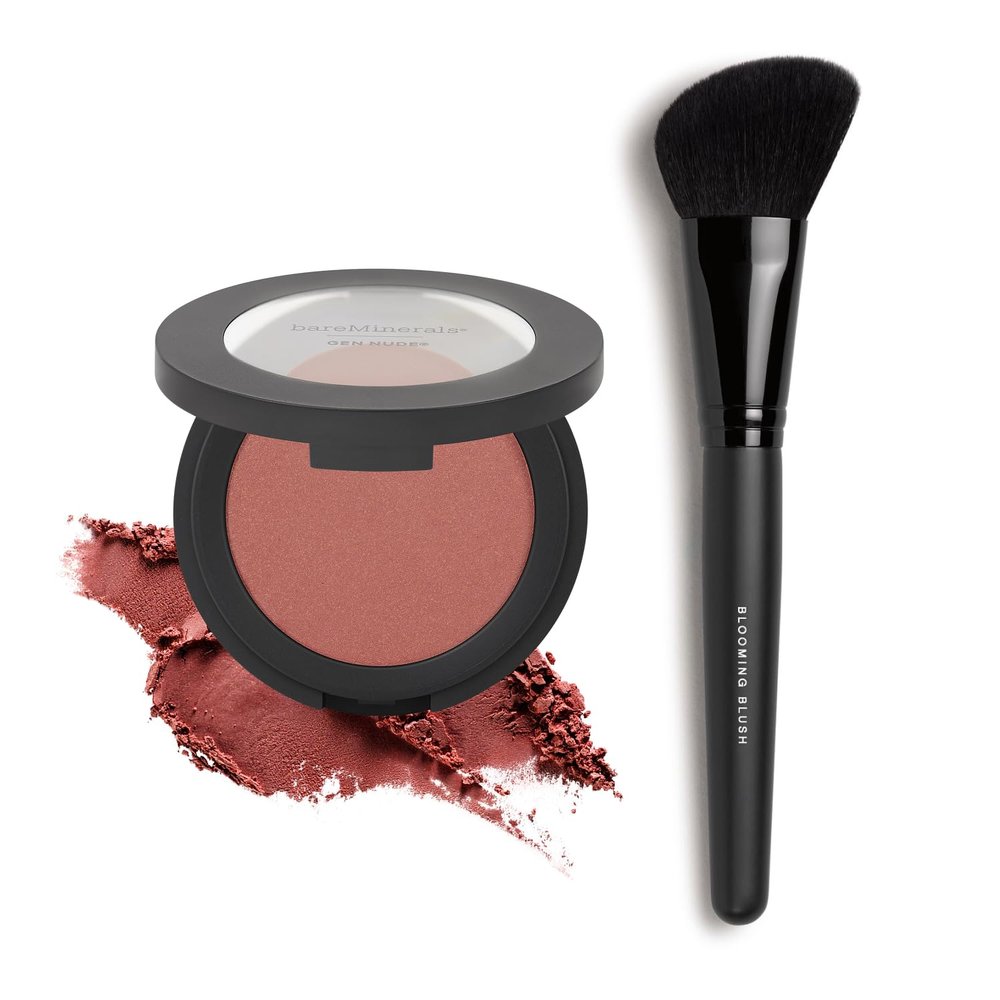 bareMinerals Gen Nude Powder Blush, Mineral-Based Pressed Powder + Blooming Makeup Blush Brush Bundle