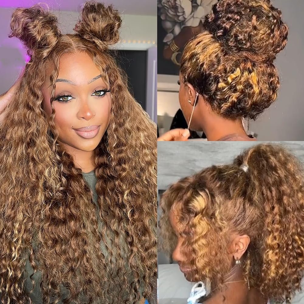 VNLQJXX Honey Blonde 360 Lace Front Wigs Human Hair Invisi Strap Ombre Highlight Deep Wave Lace Front Wigs Human Hair Pre Plucked 180 Density 360 HD Full Lace Frontal Glueless Wigs for Women 28 Inch