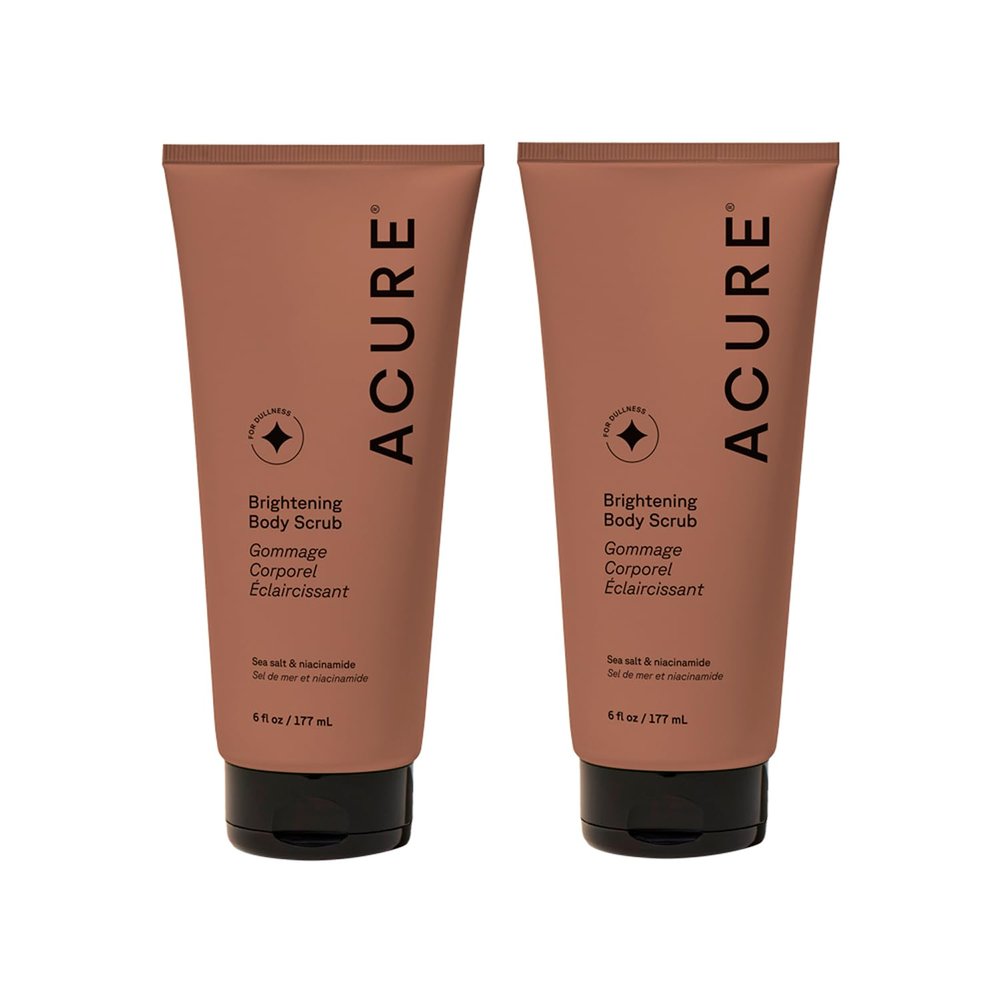 Acure Brightening Body Scrub - Exfoliating Body Scrub with Sea Salt, Scrubber for Men & Women to Smooth Sensitive Skin & Remove Dead Skin Cells, Exfoliator with Clay & Niacinamide - 6 fl oz (2 Pack)