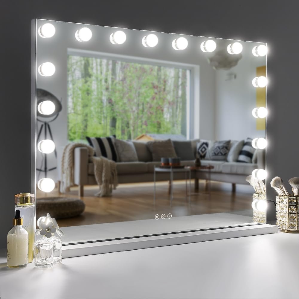 31.5" x 23.6" Lighted Vanity Mirror with USB Charging, 18 Dimmable LED Bulbs, 3 Color Modes, 10X Magnification Side Panel - Wall & Tabletop Cosmetic Mirror for Makeup & Skincare